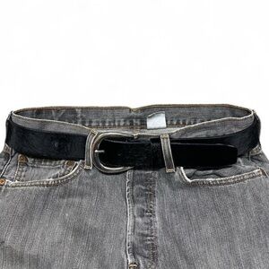 Y2K cow hair black leather belt with silver hardware
